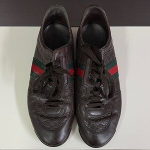 Gucci Men’s Dark Brown Leather Sneakers with Green-Red Web Stripe